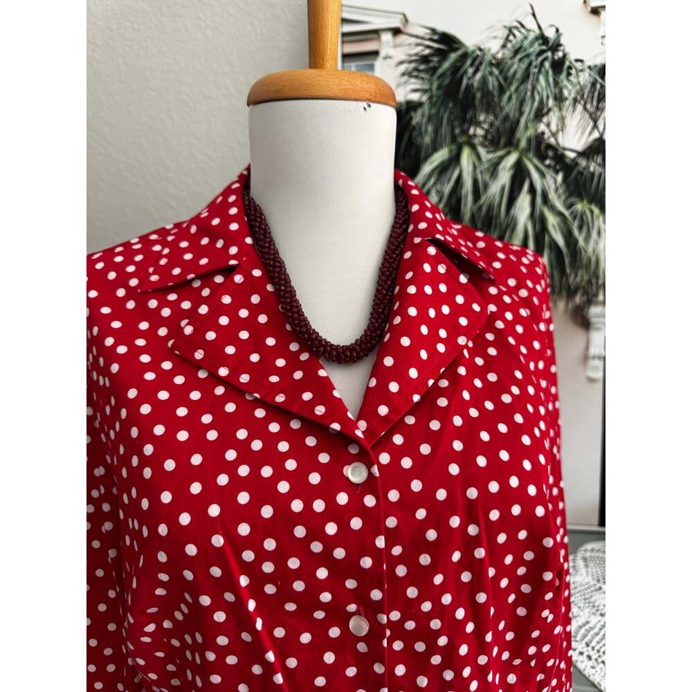 Jones New York Petite Large Red White Polka Dot Peplum Blouse Retro Pinup PL - Picture 3 of 8